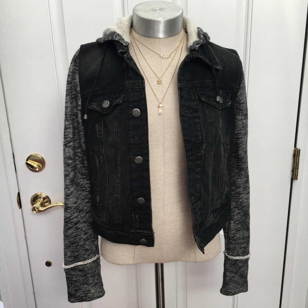 Free People Black Denim And Knit Hooded Jacket